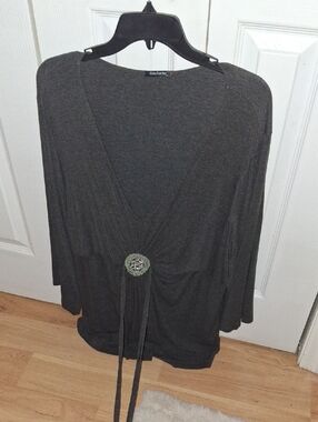 Gray Women's V-Neck Blouse with Decorative Tie